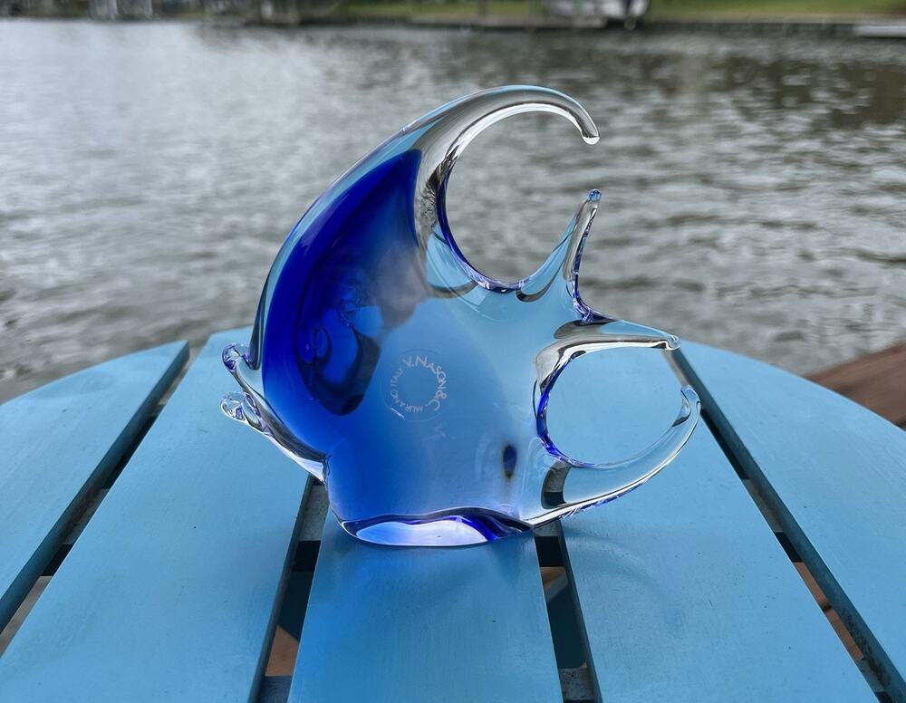 V. Nason & C. Murano Glass Paperweight Angelfish Cobalt Blue Clear Italy 4.5"